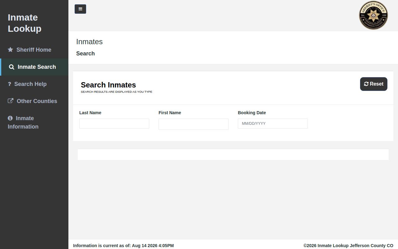 Jefferson County current custody and busted mugshot search form